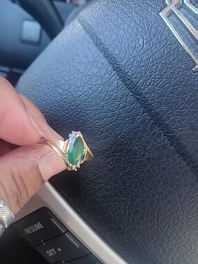 10K Gold Ring with Green Marquise Stone and Accent Crystal - Women Jewelry